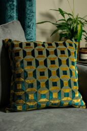 Paoletti Empire Velvet Jacquard Geometric Cushion in Teal - Size: 45 cm x 45 cm - thumbnail 4