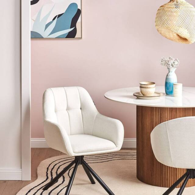 Wyld and Coco Prestige Swivel Dining Chair Off-White Fabric with Metal Base in White - image 1