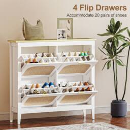 HOMCOM Boho Slim Shoe Cabinet with Rattan Doors, Holds 20 Pairs, White - thumbnail 5