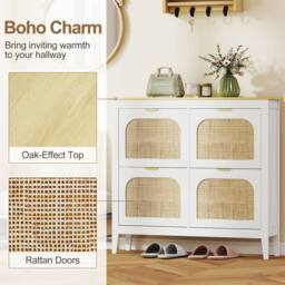 HOMCOM Boho Slim Shoe Cabinet with Rattan Doors, Holds 20 Pairs, White - thumbnail 4