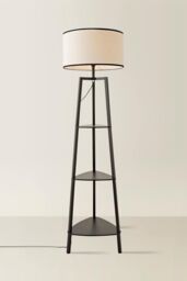 ValueLights Hiru Black 3 Tier Wood Shelf Floor Lamp with Trimmed Linen Drum Shade - thumbnail 3