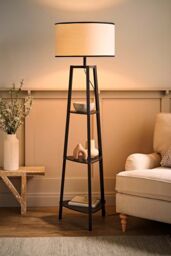 ValueLights Hiru Black 3 Tier Wood Shelf Floor Lamp with Trimmed Linen Drum Shade - thumbnail 2