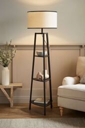 ValueLights Hiru Black 3 Tier Wood Shelf Floor Lamp with Trimmed Linen Drum Shade