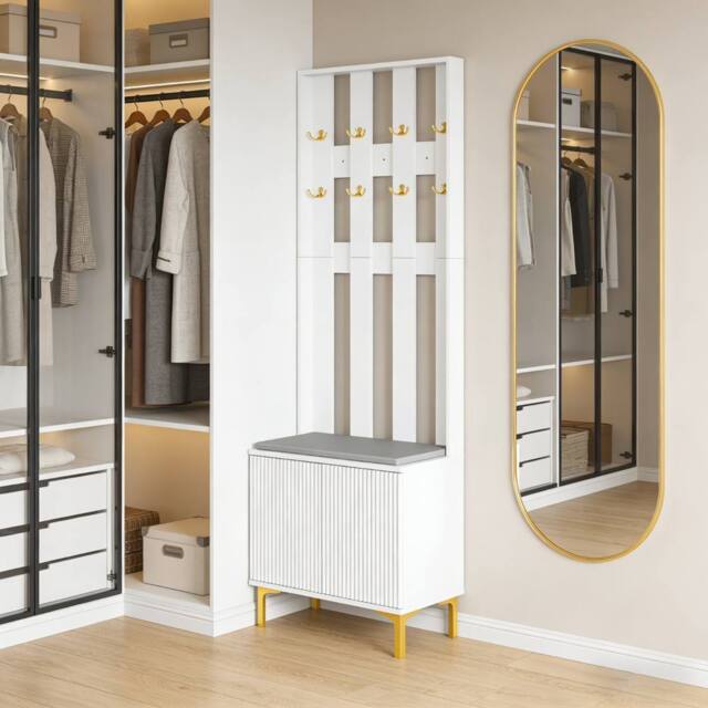Hygrad Built to Survive Coat Rack Stand with 2 Tier Shoe Storage Bench Cloth Hanger 8 Hooks in White - image 1