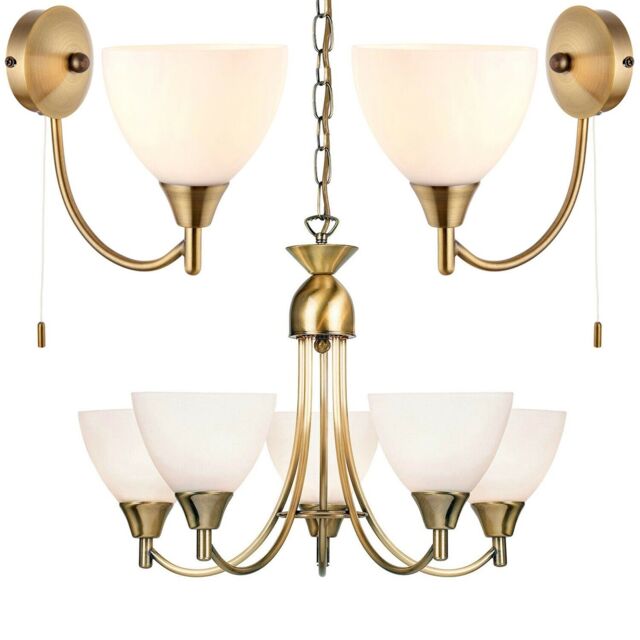 Loops 5 Lamp Ceiling & 2x Wall Light Pack Antique Brass Glass Matching Indoor Fittings in Clear - image 1