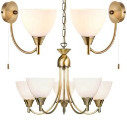 Loops 5 Lamp Ceiling & 2x Wall Light Pack Antique Brass Glass Matching Indoor Fittings in Clear