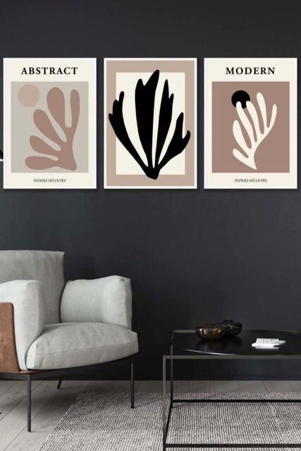 ARTZE Set of 3 White Framed Matisse Style Floral Cut Out Browns & Black Wall Art in Chocolate - Size: W45 cm x H62 cm x D20mm - image 1