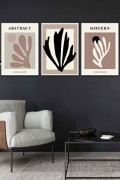 ARTZE Set of 3 White Framed Matisse Style Floral Cut Out Browns & Black Wall Art in Chocolate - Size: W45 cm x H62 cm x D20mm