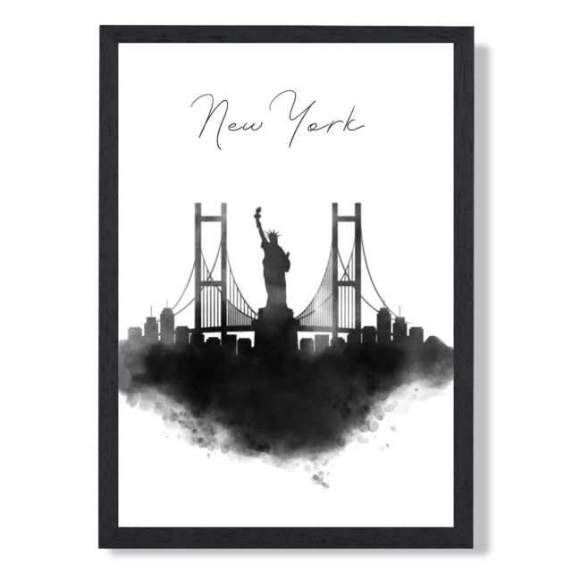 ARTZE New York Watercolour Skyline City Framed Print SIZE: A4 with Black Frame - image 1