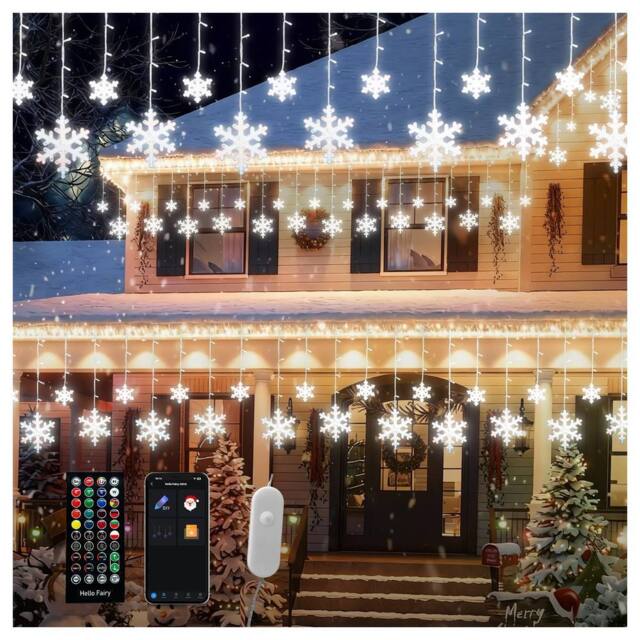 Bright Zeal 1*3.6m RGB Smart Snowflake Icicle Lights with 156 LEDs App Music Sync in White - image 1