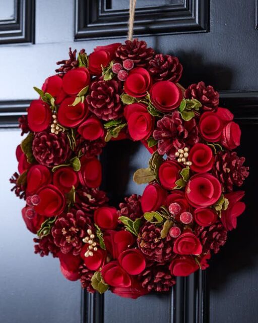 Dibor Red Crimson Rose Xmas Decor Front Door Wreath Christmas Wreath 35cm - image 1