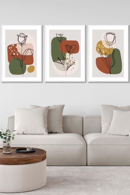 ARTZE Set of 3 White Framed Line Art Autumn Flowers on Green Yellow Boho Shapes Wall Art - Size: W33 cm x H45 cm x D20mm - image 1