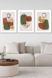 ARTZE Set of 3 White Framed Line Art Autumn Flowers on Green Yellow Boho Shapes Wall Art - Size: W33 cm x H45 cm x D20mm - thumbnail 1