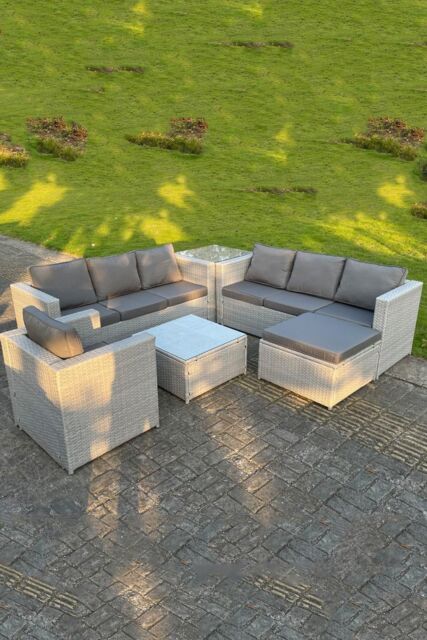 Fimous Light Grey Outdoor Rattan Garden Furniture Set Corner Sofa Set 2 Coffee Table - image 1