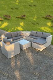 Fimous Light Grey Outdoor Rattan Garden Furniture Set Corner Sofa Set 2 Coffee Table - thumbnail 1