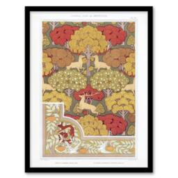 Artery8 Stag Deer Trees Pattern Vintage Floral Framed Wall Art Print Verneuil in Green - Size: A4 - thumbnail 1