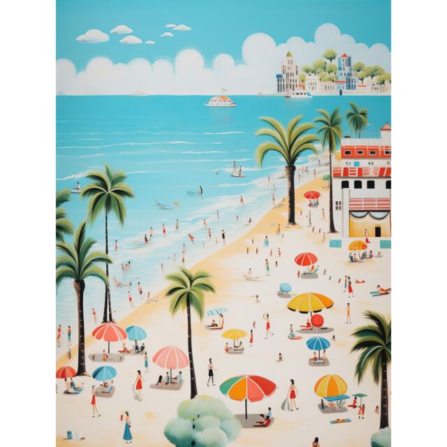 "Artery8 Wall Art Print Day at the Beach Summer Holidays Stylised Artwork Pastel Colour Vacation Tourists Coastal Landscape Poster - Size: W12"" x H16""" - image 1