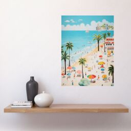 "Artery8 Wall Art Print Day at the Beach Summer Holidays Stylised Artwork Pastel Colour Vacation Tourists Coastal Landscape Poster - Size: W12"" x H16""" - thumbnail 2