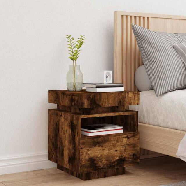 Berkfield Home Decorative Bedside Cabinet with LED Lights Smoked Oak 40x39x48.5 cm in Brown - image 1