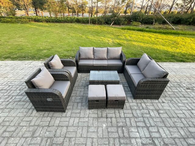 Fimous 9 Seater Rattan Wicker Garden Furniture Patio Conservatory Sofa Set with Rectangular Coffee Table 3 Seater Sofa Love Sofa 2 Small Footstools - image 1
