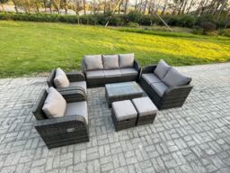 Fimous 9 Seater Rattan Wicker Garden Furniture Patio Conservatory Sofa Set with Rectangular Coffee Table 3 Seater Sofa Love Sofa 2 Small Footstools - thumbnail 2