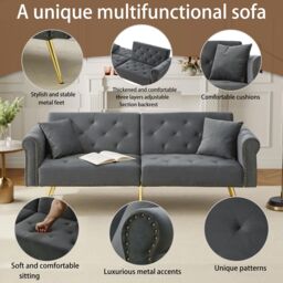 Matteo Modern Velvet 2-Seater Sofa Bed with 3-Stage Adjustable Backrest in Grey - thumbnail 5