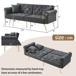 Matteo Modern Velvet 2-Seater Sofa Bed with 3-Stage Adjustable Backrest in Grey - thumbnail 7