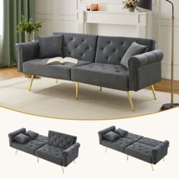 Matteo Modern Velvet 2-Seater Sofa Bed with 3-Stage Adjustable Backrest in Grey - thumbnail 2