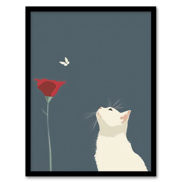 "Artery8 Tulip Flower & Butterfly White Cat Lover Design Framed Art Print in Grey - Size: W12"" x H16""" - image 1