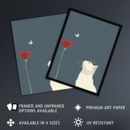 "Artery8 Tulip Flower & Butterfly White Cat Lover Design Framed Art Print in Grey - Size: W12"" x H16""" - thumbnail 2