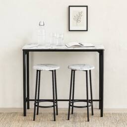 PAWNORA Bar Table & 2/4 Stools Set 3 Piece White Marble - thumbnail 3