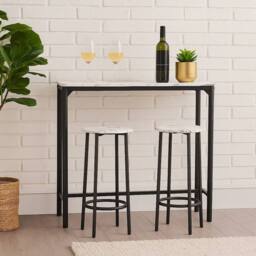 PAWNORA Bar Table & 2/4 Stools Set 3 Piece White Marble - thumbnail 4