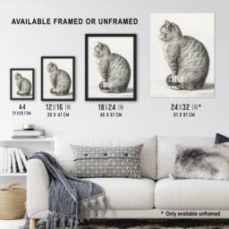 Artery8 Sitting Smiling Cat Pencil Drawing Bernard Framed Wall Art Print in White - Size: A4 - thumbnail 3