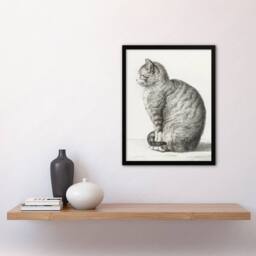 Artery8 Sitting Smiling Cat Pencil Drawing Bernard Framed Wall Art Print in White - Size: A4 - thumbnail 4