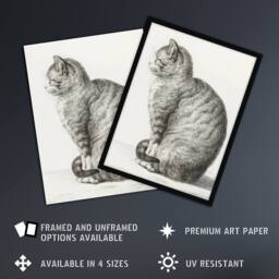 Artery8 Sitting Smiling Cat Pencil Drawing Bernard Framed Wall Art Print in White - Size: A4 - thumbnail 2