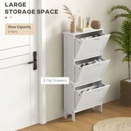 HOMCOM Narrow Shoe Storage Cabinet with 3 Flip Drawers, White - thumbnail 4