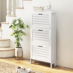 HOMCOM Narrow Shoe Storage Cabinet with 3 Flip Drawers, White - thumbnail 1