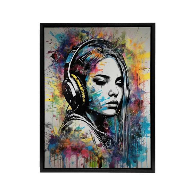 "Artery8 Girl With Headphones Music Paint Splat Framed Canvas Wall Art Print - Size: W12"" x H16""" - image 1