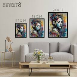 "Artery8 Girl With Headphones Music Paint Splat Framed Canvas Wall Art Print - Size: W12"" x H16""" - thumbnail 4