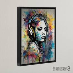 "Artery8 Girl With Headphones Music Paint Splat Framed Canvas Wall Art Print - Size: W12"" x H16""" - thumbnail 2