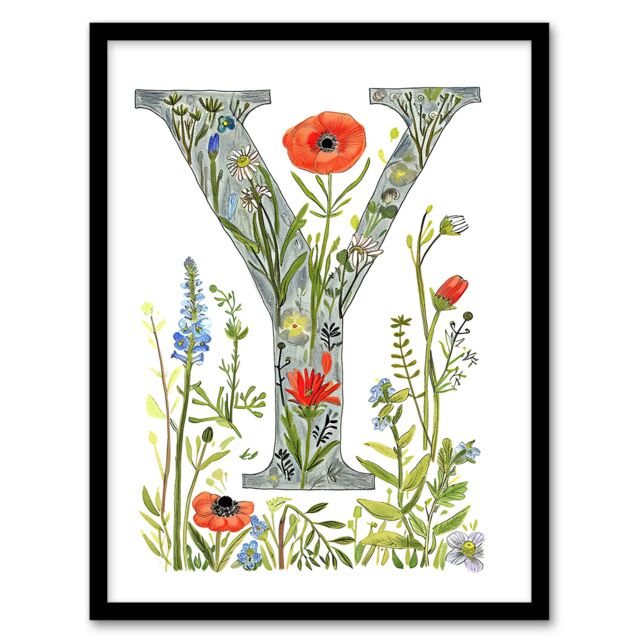 Artery8 Women's Wall Art Print Letter Y in Watercolour & Pencil Poppy Garden Floral Word Art Framed - Size: A4 - image 1