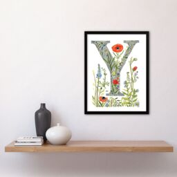 Artery8 Women's Wall Art Print Letter Y in Watercolour & Pencil Poppy Garden Floral Word Art Framed - Size: A4 - thumbnail 4