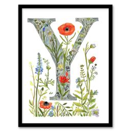 Artery8 Women's Wall Art Print Letter Y in Watercolour & Pencil Poppy Garden Floral Word Art Framed - Size: A4 - thumbnail 1