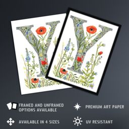 Artery8 Women's Wall Art Print Letter Y in Watercolour & Pencil Poppy Garden Floral Word Art Framed - Size: A4 - thumbnail 2