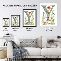 Artery8 Women's Wall Art Print Letter Y in Watercolour & Pencil Poppy Garden Floral Word Art Framed - Size: A4 - thumbnail 3