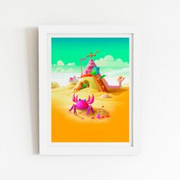 "Warren Reed - Designer Pink Crab On A Beach Holiday Framed Art Print in White - Size: W16"" x H24""" - thumbnail 1