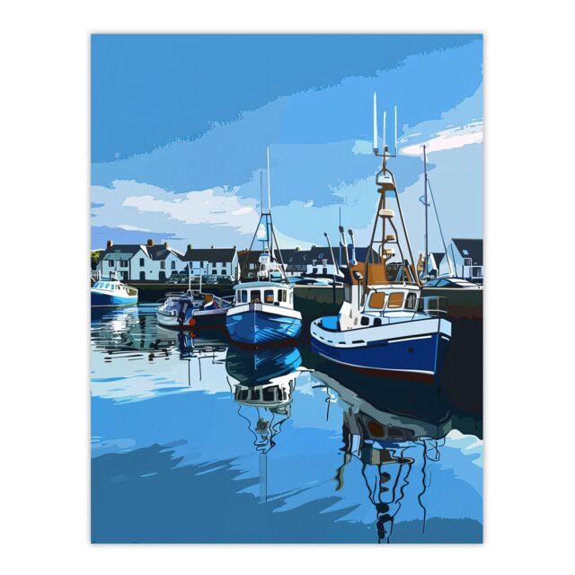 "Artery8 Fishing Boats Padstow Harbour Digital Painting Wall Art Print in Blue - Size: W18"" x H24""" - image 1
