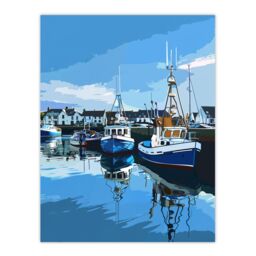 "Artery8 Fishing Boats Padstow Harbour Digital Painting Wall Art Print in Blue - Size: W18"" x H24""" - thumbnail 1