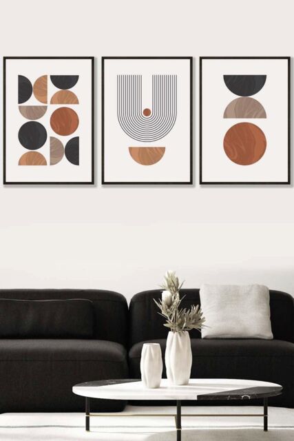 ARTZE Set of 3 Black Framed Mid Century Geometric in Black & Brown Wall Art in Terracotta - Size: W33 cm x H45 cm x D20mm - image 1