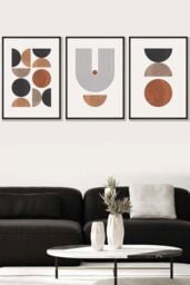 ARTZE Set of 3 Black Framed Mid Century Geometric in Black & Brown Wall Art in Terracotta - Size: W33 cm x H45 cm x D20mm - thumbnail 1